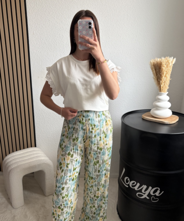 Pantalon plissé – Fleuri Vert